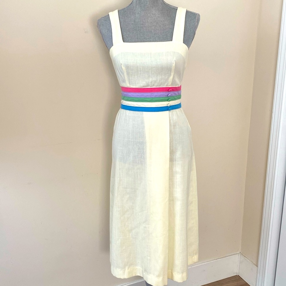 VINTAGE Cream Sleeveless Midi Dress with Pink, Green & Blue Waistband